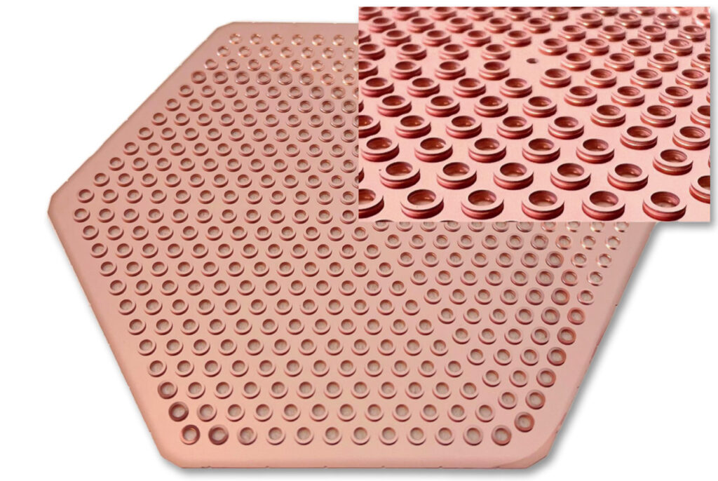 Fig. 2: A precision-etched LAT-MF waveguide interface plate made out of Cu coated silicon.